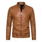Men's Slim Biker Blouson Faux Leather Jacket with Stand Collar, Decorative Stitching and Zipper Pockets Fashion Glam