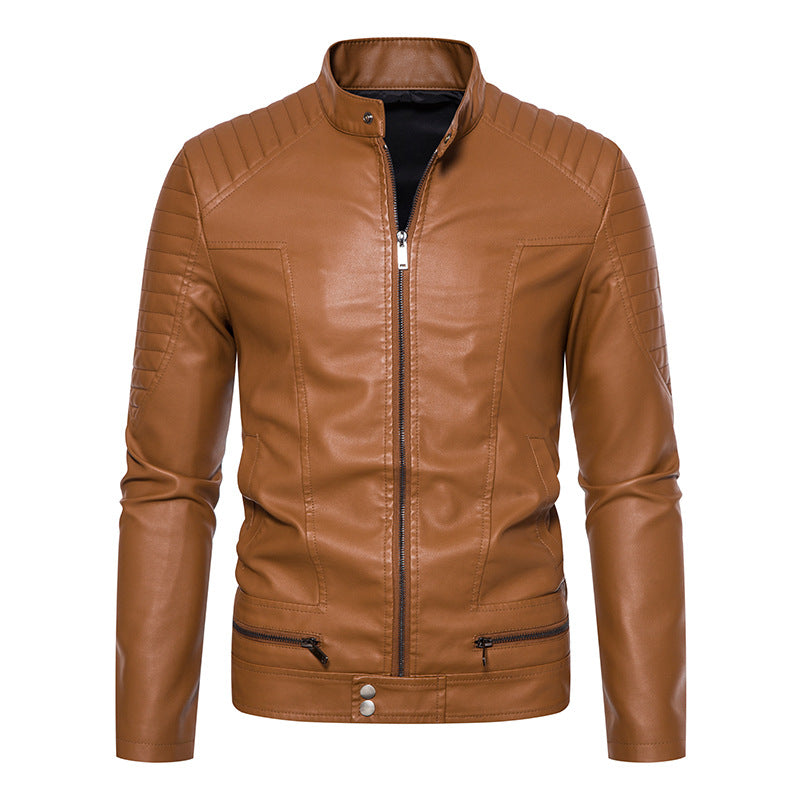 Men's Slim Biker Blouson Faux Leather Jacket with Stand Collar, Decorative Stitching and Zipper Pockets Fashion Glam