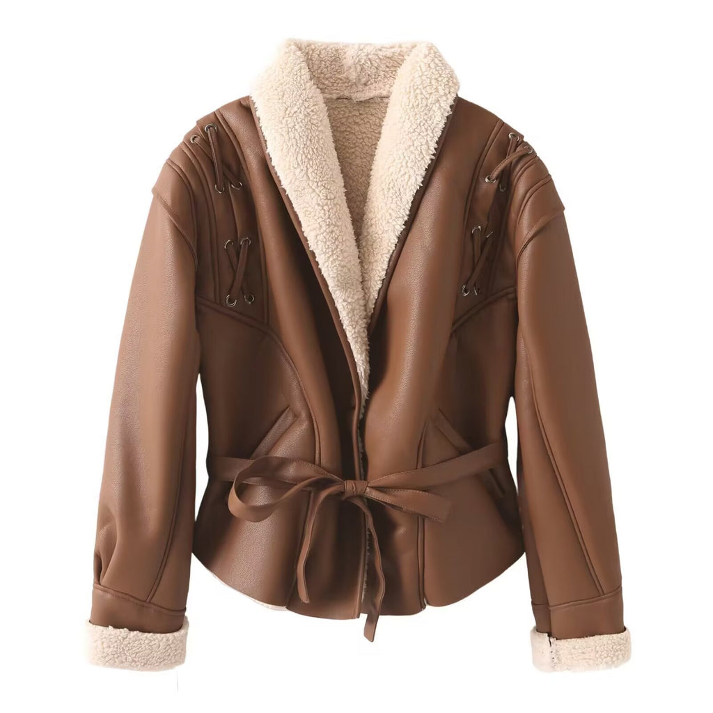 Women's Short Faux Leather Jacket with Teddy Lining, Shawl Collar and Waist Belt Fashion Glam