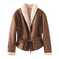Women's Short Faux Leather Jacket with Teddy Lining, Shawl Collar and Waist Belt Fashion Glam