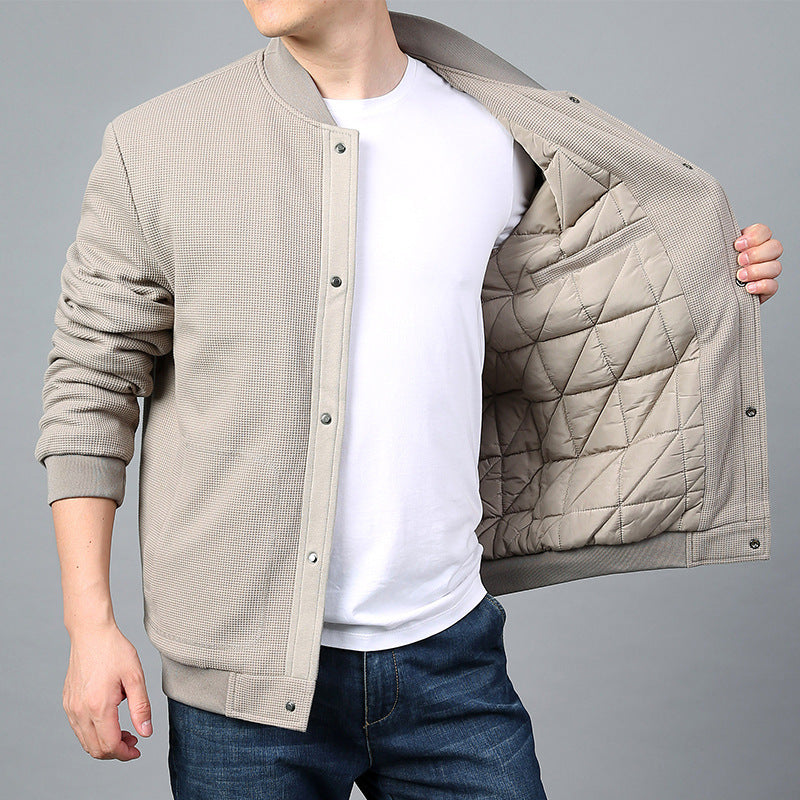 Men's Structured Bomber Jacket with Waffle Knit, Lightly Lined and Snap Placket Fashion Glam