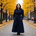 Women's Long Cut Pinstripe Coat in Trench Coat Look with Tie Belt Fashion Glam