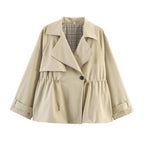 Women's short trench-style jacket with drawstring waist and check lining Fashion Glam
