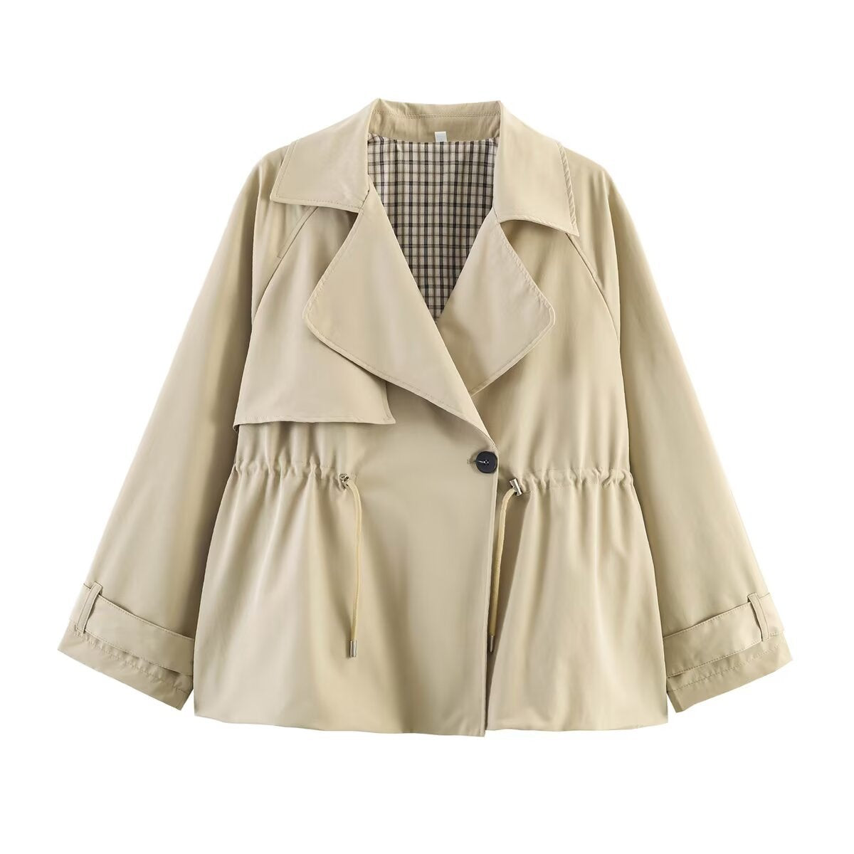 Women's short trench-style jacket with drawstring waist and check lining Fashion Glam