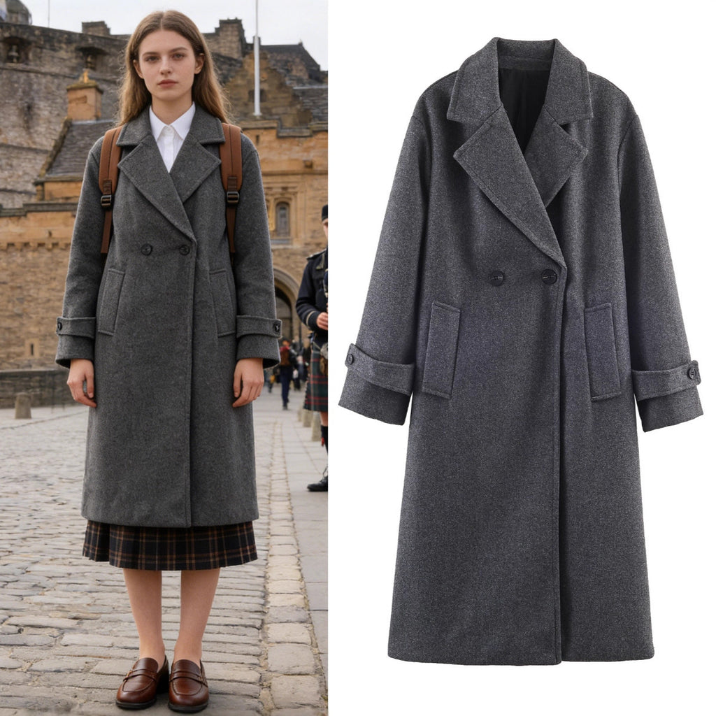 Women Oversized Wool Blend Coat with Double-Breasted Closure, Wide Lapels and Sleeve Tabs Fashion Glam