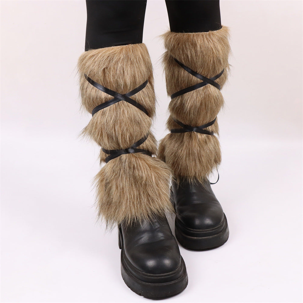 Ladies high-pile leg warmers with faux fur look and wrap straps Fashion Glam