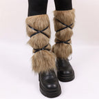 Ladies high-pile leg warmers with faux fur look and wrap straps Fashion Glam