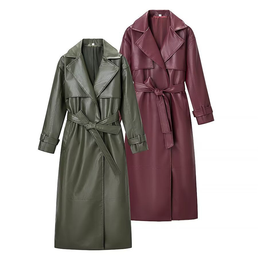 Women Oversize Faux Leather Coat in Trench Coat Style with Wide Lapels Fashion Glam
