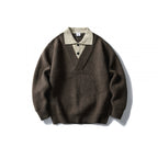 Men's pullover with polo half-button placket, oversized ribbed knit and V-neck detail Fashion Glam