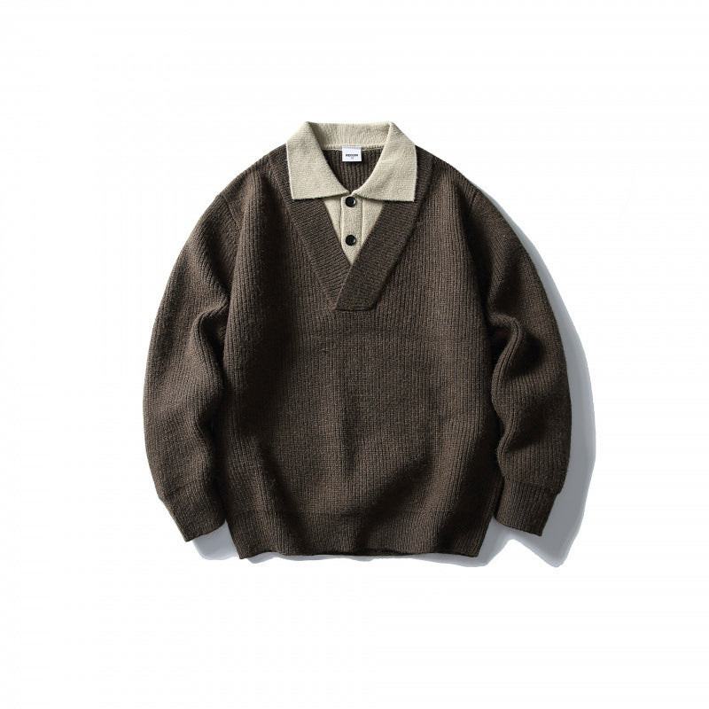 Men's pullover with polo half-button placket, oversized ribbed knit and V-neck detail Fashion Glam