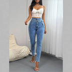 Women's High-Waisted Slim-Skinny Jeans with D-Ring Belt and Diagonal Slip Pockets Fashion Glam