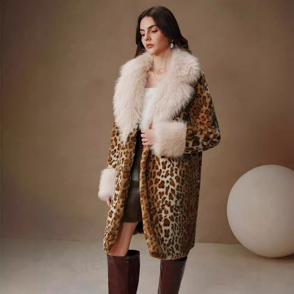 Women's Mid-Length Faux Fur Coat with Contrasting High-Pile Shawl Collar and Leopard Print Fashion Glam