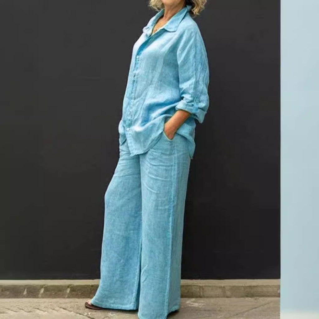Women's Relaxed Linen Set with Oversized Shirt and Wide Palazzo Pants Fashion Glam