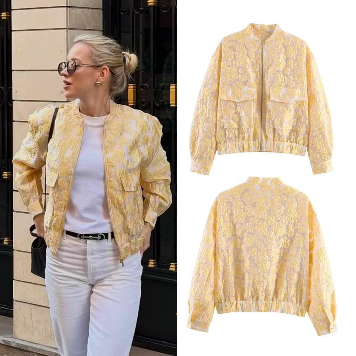 Women's short cut quilted bomber jacket with floral jacquard texture, elastic hem and patch pockets Fashion Glam