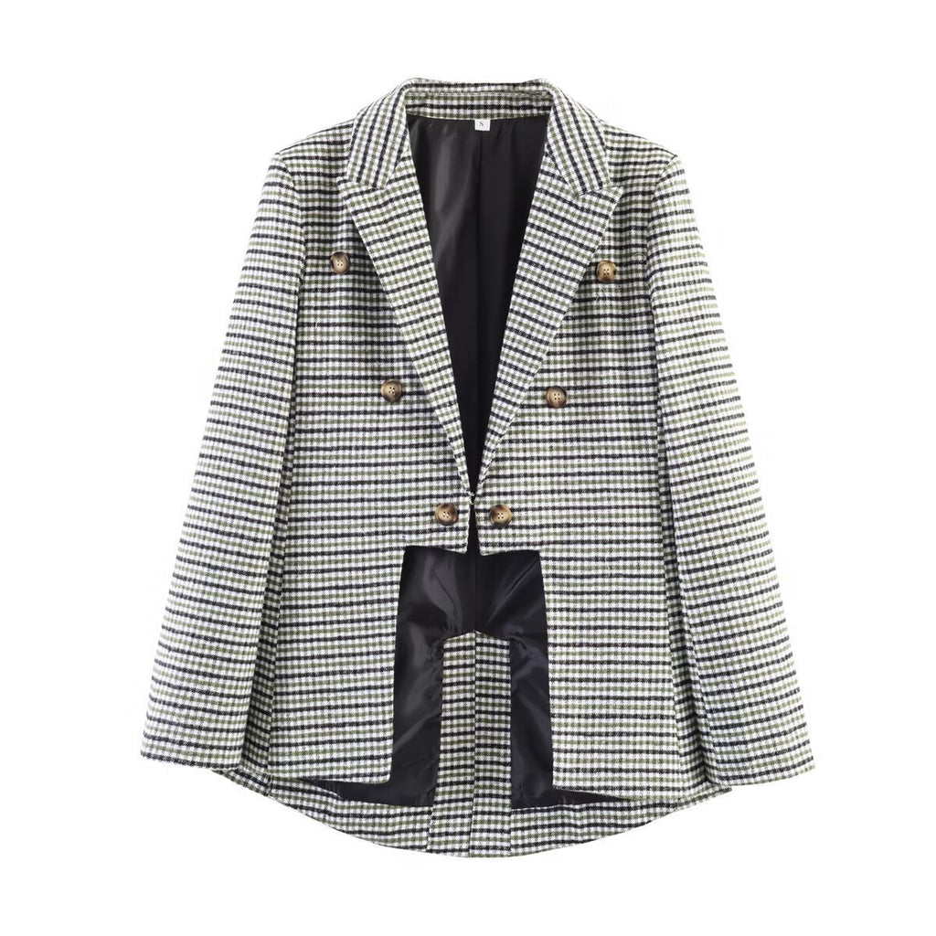 Women's double-breasted glencheck blazer with extended back and tailored silhouette Fashion Glam