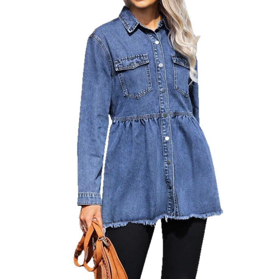 Women's tailored longline denim jacket with gathered waist, snap-button placket & frayed hem Fashion Glam