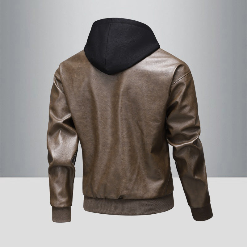 Men's leather bomber jacket with integrated hood insert and ribbed cuffs Fashion Glam