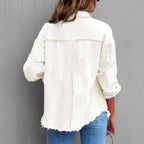 Women's Casual Denim Shirt-Style Jacket with Raw Edge and Snap Button Placket Fashion Glam