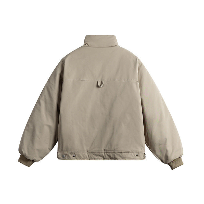 Unisex Boxy transitional jacket with high stand collar, contrasting panels and zip pockets Fashion Glam