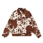 Unisex Boxy Bomber Jacket with Cow Pattern, Zipper and Ribbed Cuff Fashion Glam