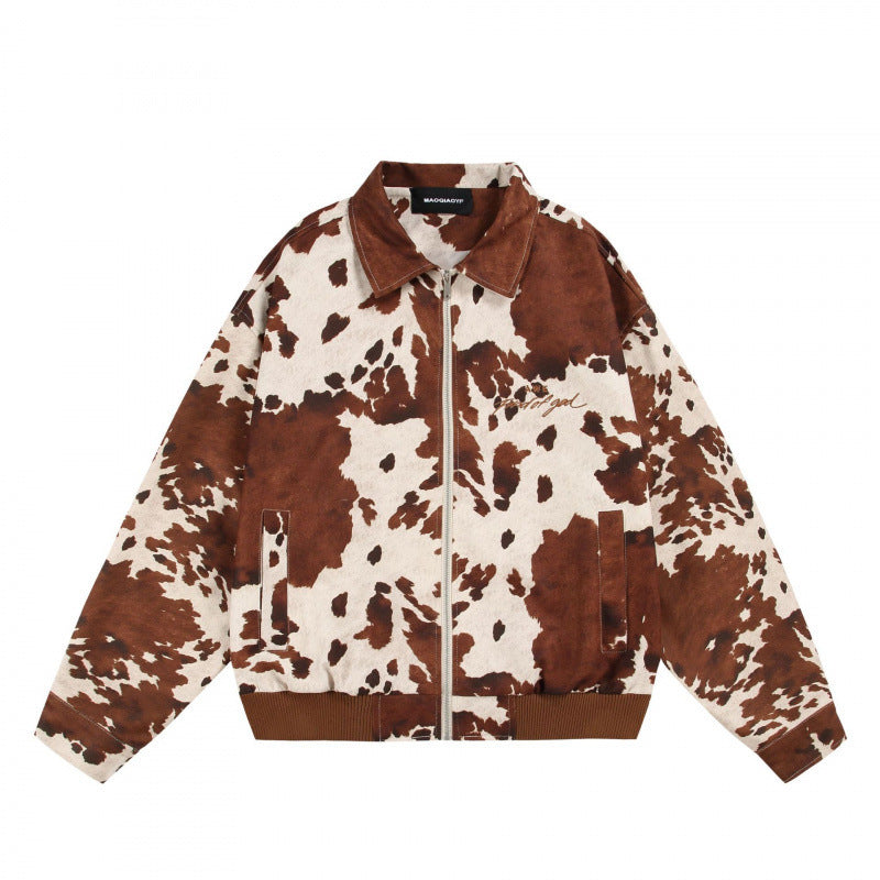Unisex Boxy Bomber Jacket with Cow Pattern, Zipper and Ribbed Cuff Fashion Glam