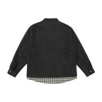 Unisex Oversize Wool Blend Shirt Jacket with Stand-up Collar, Snap Button Placket and Checked Hem Band Fashion Glam