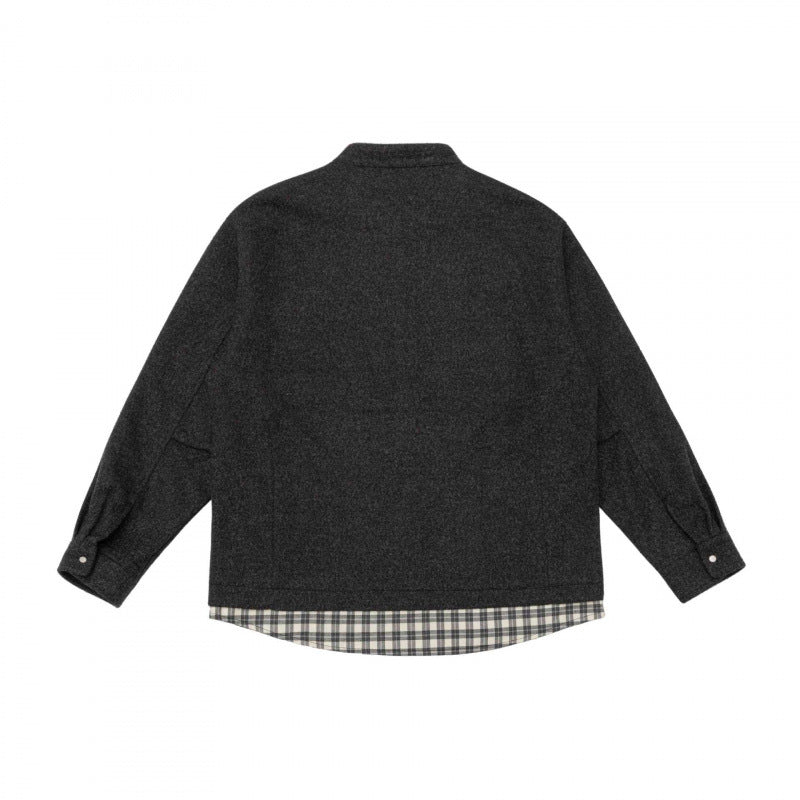 Unisex Oversize Wool Blend Shirt Jacket with Stand-up Collar, Snap Button Placket and Checked Hem Band Fashion Glam
