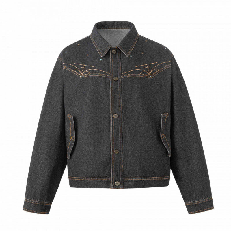 Unisex Oversize Denim Jacket in Boxy Cut with Western Embroidery and Flap Pockets Fashion Glam