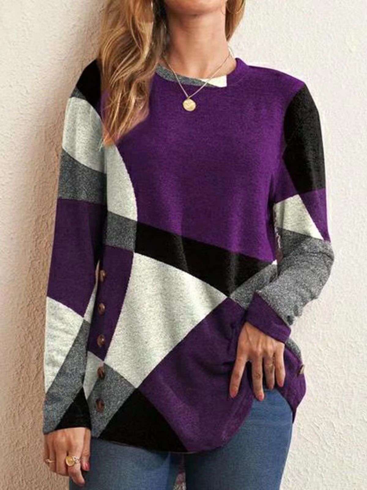 Women's fine knit sweater with geometric color block and decorative buttons Fashion Glam