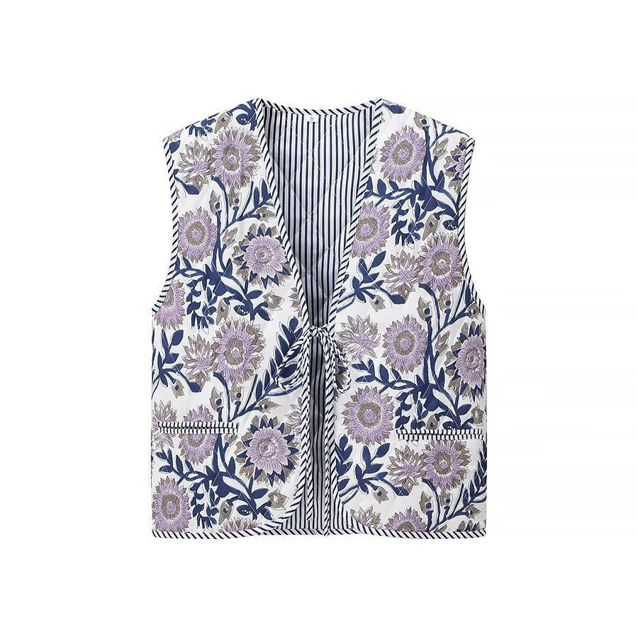 Women's Padded Quilted Vest with Floral Allover Print, Tie Belt and Decorative Piping Fashion Glam