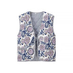 Women's Padded Quilted Vest with Floral Allover Print, Tie Belt and Decorative Piping Fashion Glam