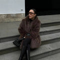 Women's short coat made of long-fiber shaggy faux fur with extra voluminous shawl collar Fashion Glam