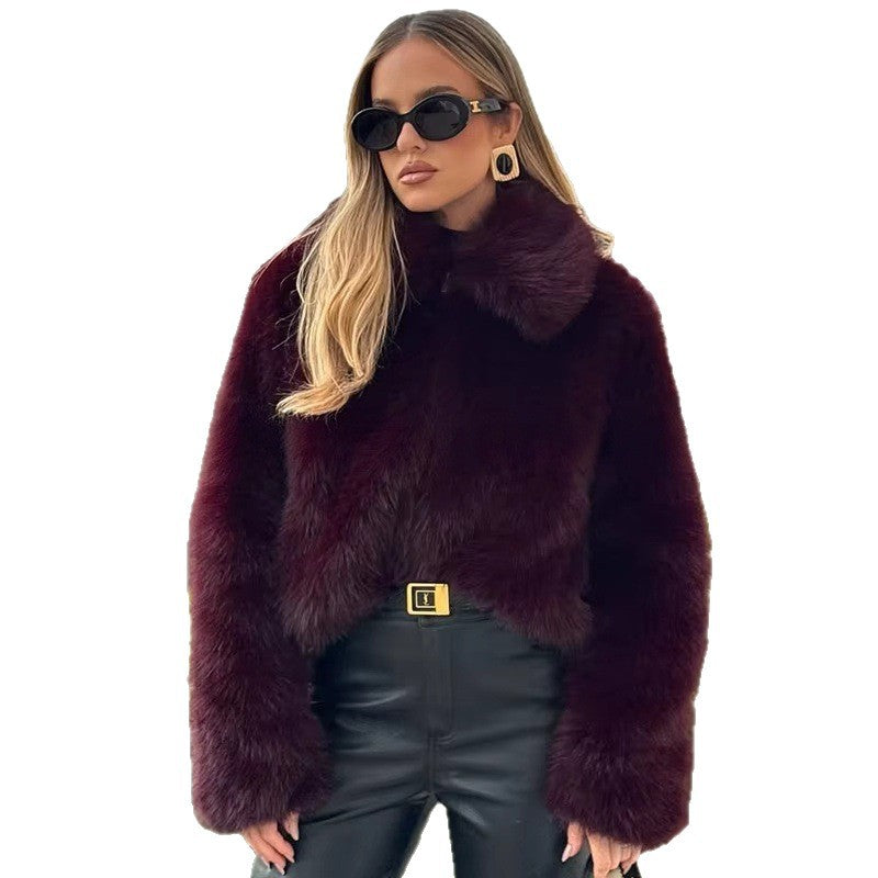 Women's Cropped Faux Fur Boxy Jacket with High Stand-Up Collar and Extra Soft Long Pile Fashion Glam
