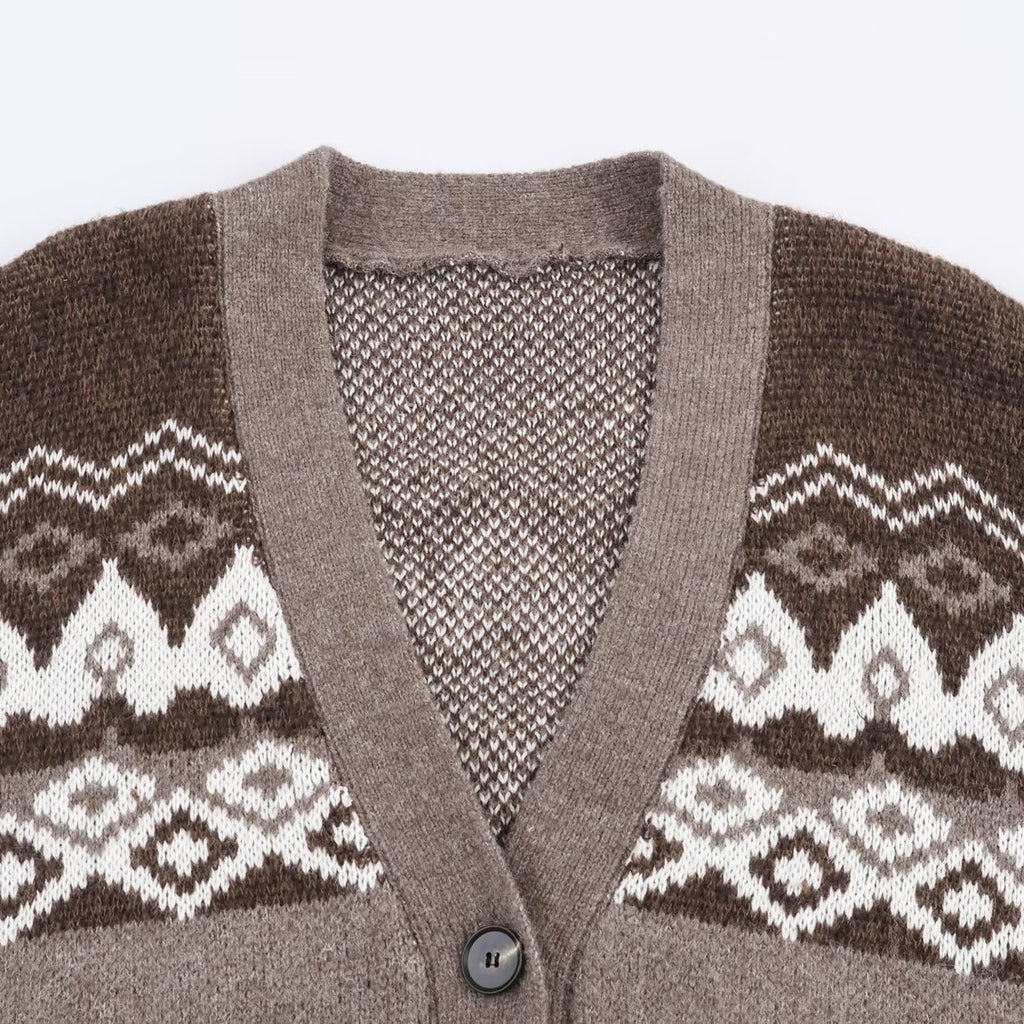 Women's Oversized Knit Cardigan with Jacquard Pattern and V-Neck Fashion Glam