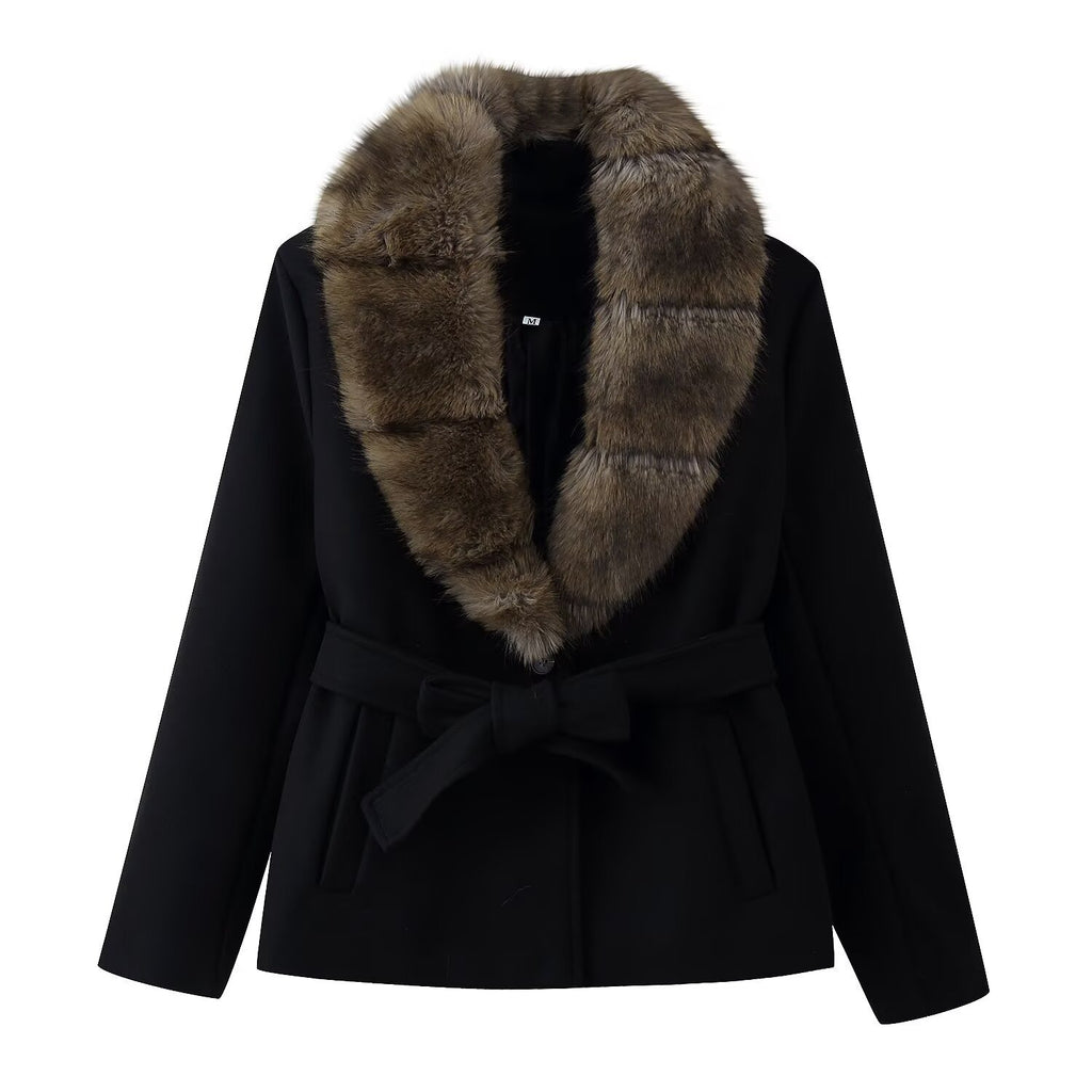 Women's Short Wool Blend Coat with Removable Faux Fur Shawl Collar and Waist Belt Fashion Glam