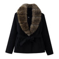 Women's Short Wool Blend Coat with Removable Faux Fur Shawl Collar and Waist Belt Fashion Glam