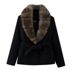 Women's Short Wool Blend Coat with Removable Faux Fur Shawl Collar and Waist Belt Fashion Glam