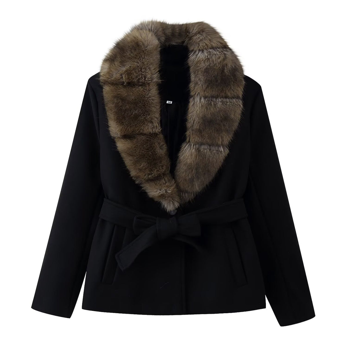 Women's Short Wool Blend Coat with Removable Faux Fur Shawl Collar and Waist Belt Fashion Glam