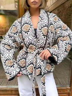 Women's quilted kimono jacket with graphic ethnic print and waist belt Fashion Glam