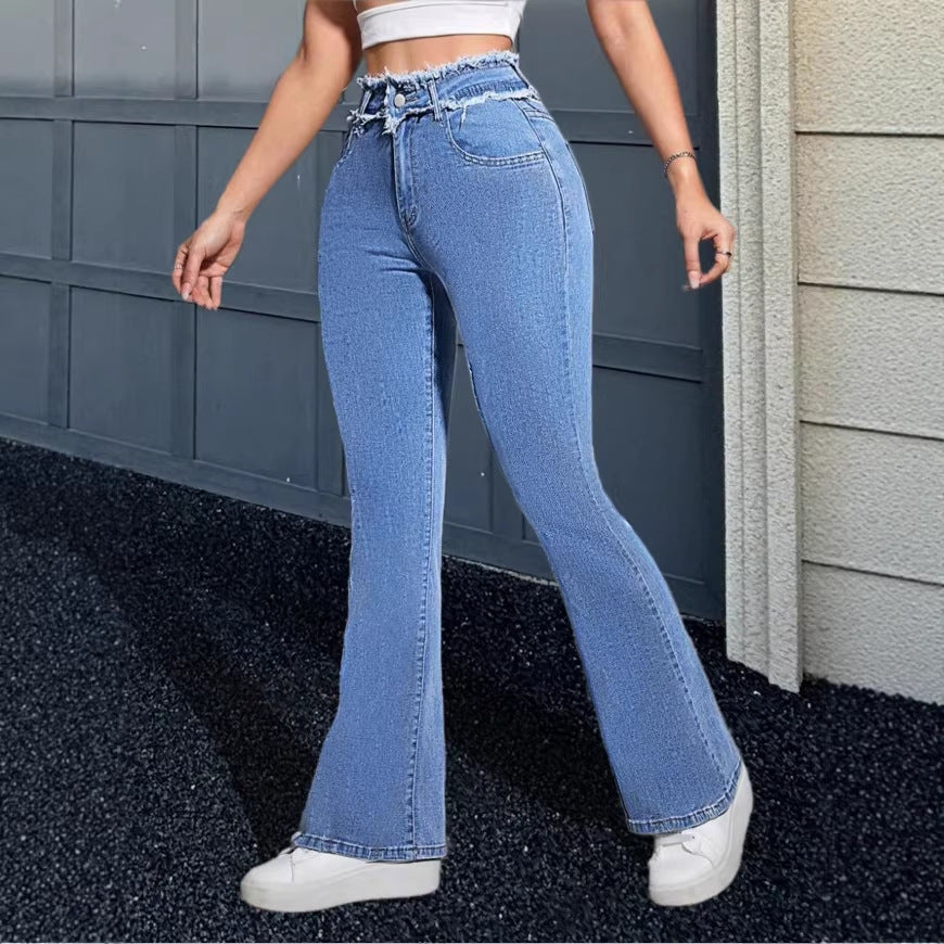 Women's High-Waisted Flared Jeans with Frayed Waistband and Center Stitch Fashion Glam