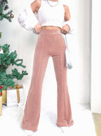 Women's High-Waisted Velvet Corduroy Pants with Pleated Look and Wide Leg Fashion Glam