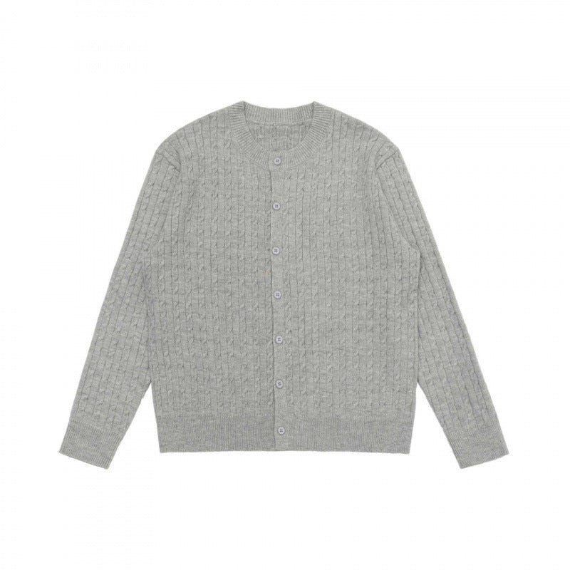 Unisex Short-cut Braid Knit Cardigan with Round Neck and Pearlescent Buttons Fashion Glam
