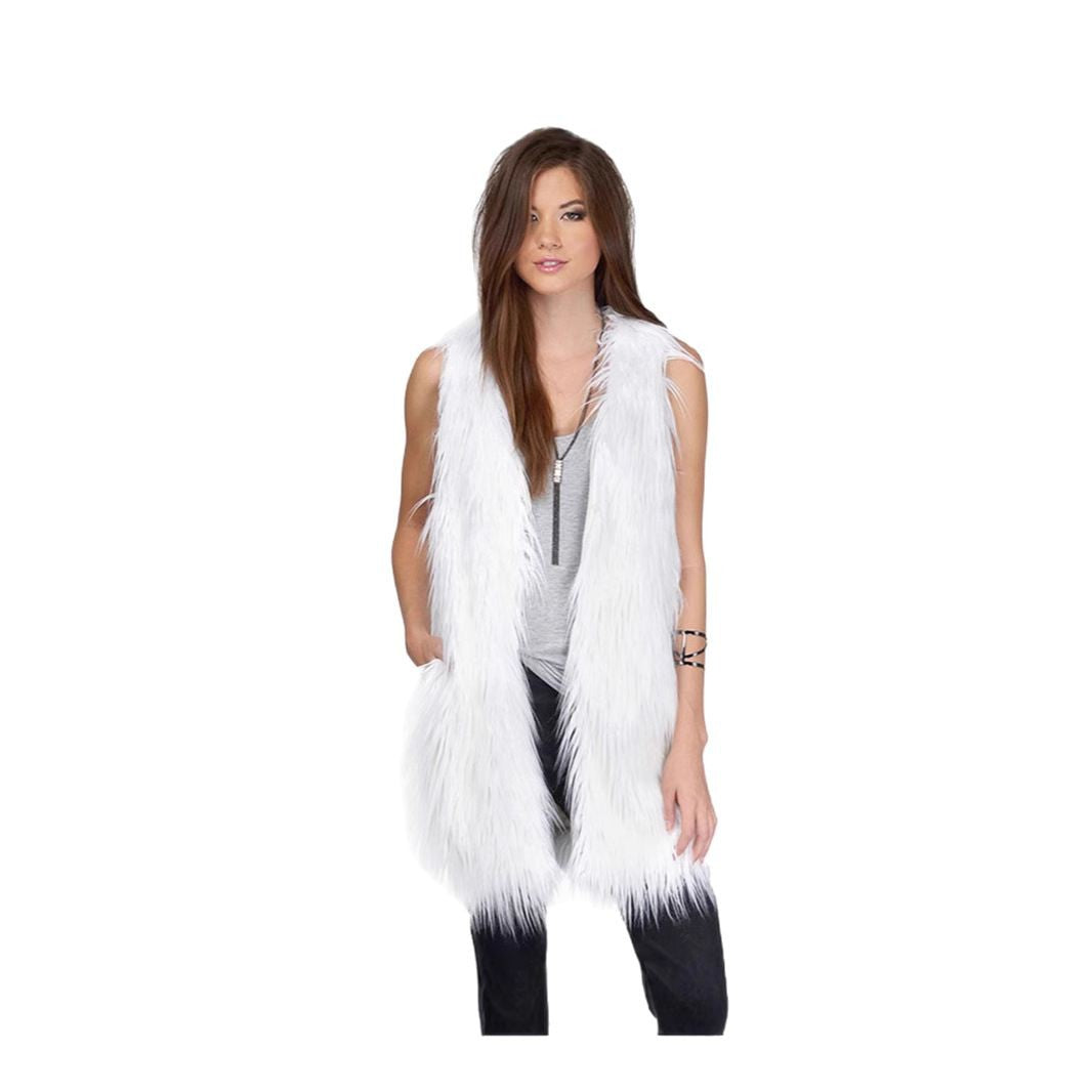 Ladies long sleeveless shaggy faux fur vest with concealing A-line and soft high-pile Fashion Glam