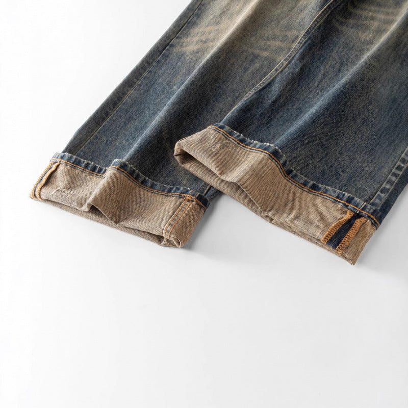 Men's Loose Straight Vintage Denim Jeans with Used Wash Fashion Glam