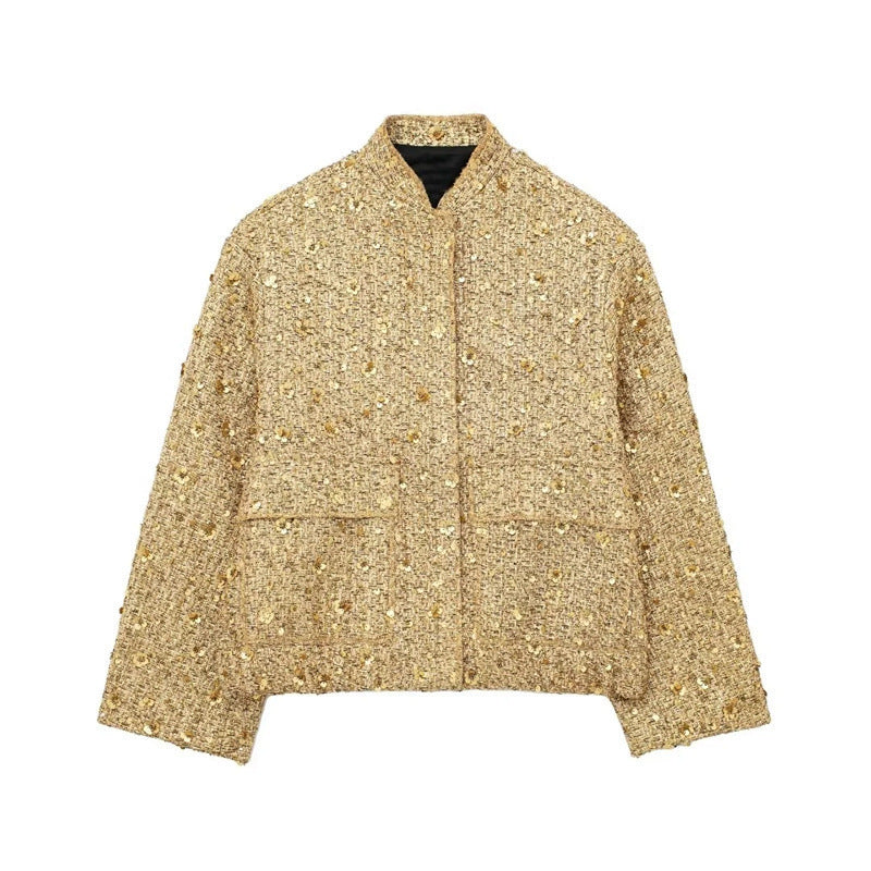 Women's embellished bouclé bomber jacket with sequins and rhinestones Fashion Glam