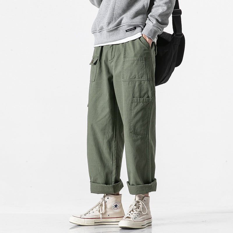 Men's loose cotton cargo pants in baggy cut with multifunctional pockets and rolled hem Fashion Glam