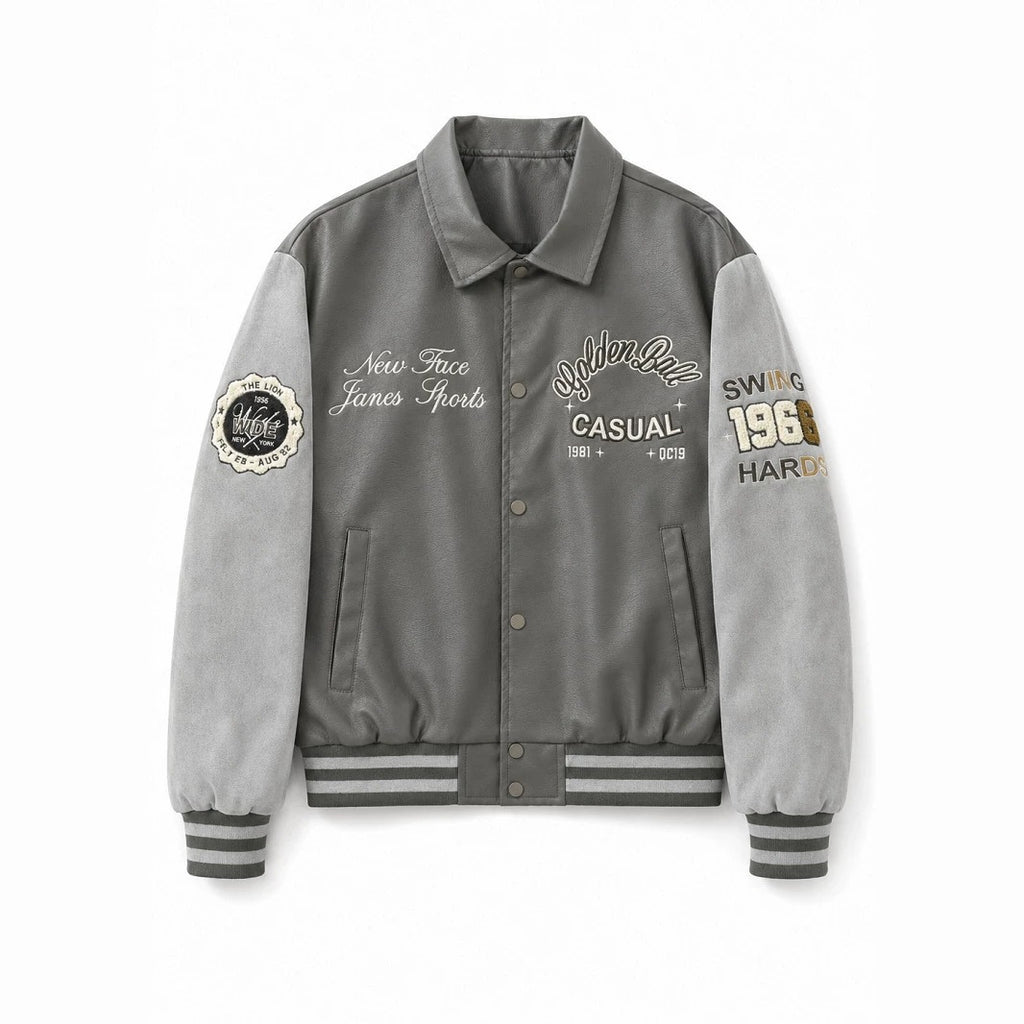 Men's varsity bomber jacket in collegiate style with faux leather body, suede look sleeves and embroidered patches Fashion Glam