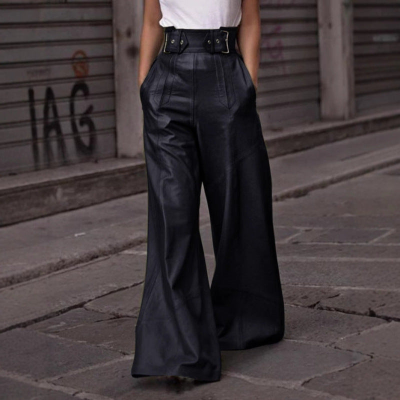 Ladies wide high-waist palazzo pants made of faux leather with wide waistband Fashion Glam