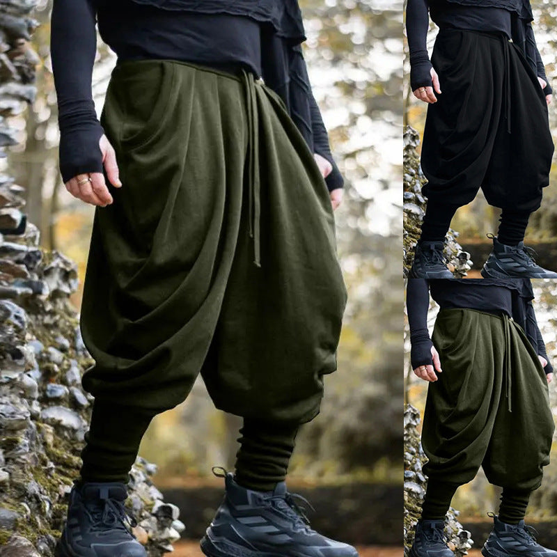 Men's nan avant-garde harem pants with wrap front, elastic waistband, and slim lower leg Fashion Glam