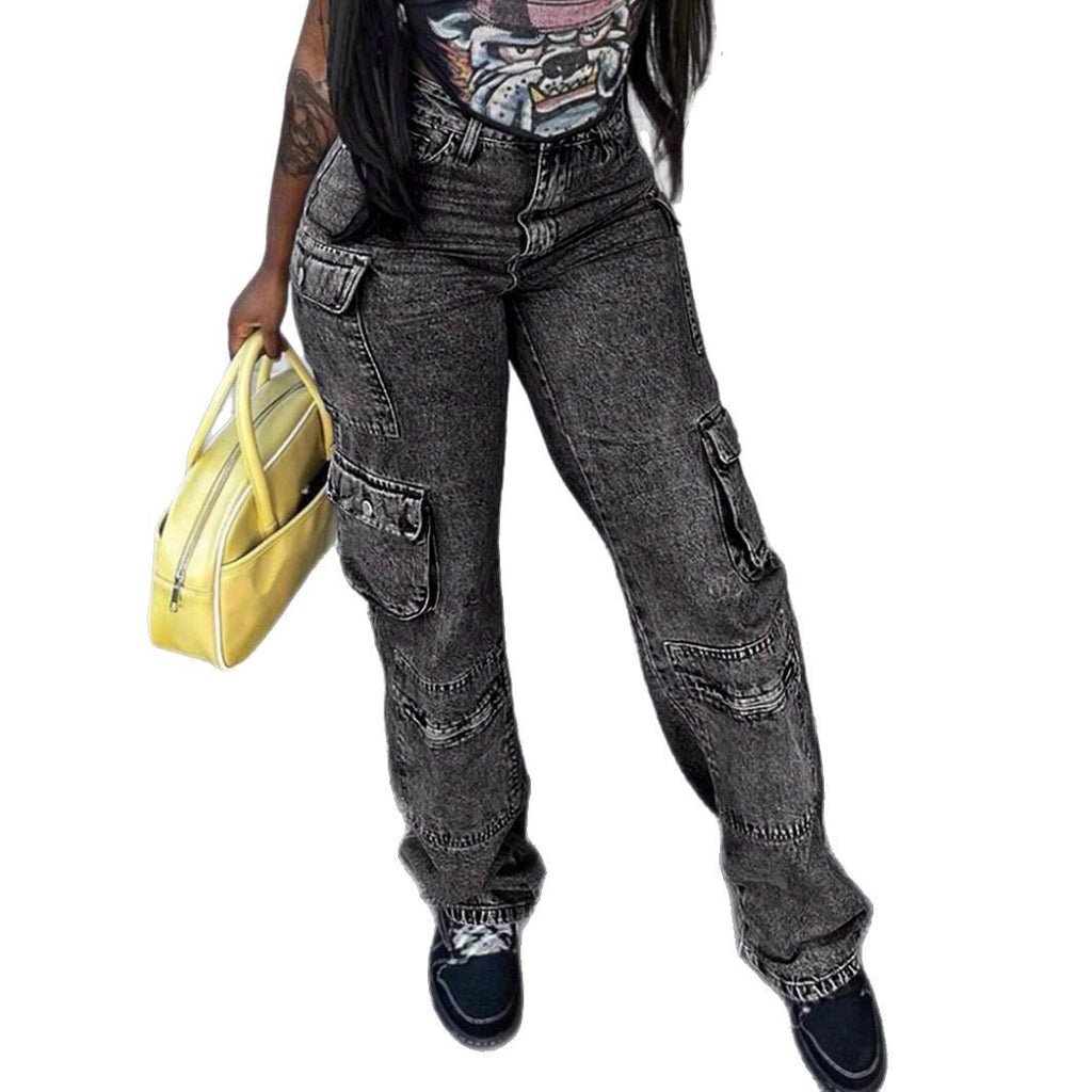 Women's Cargo Denim Pants with High Waist, Loose Baggy Cut and Functional Flap Pockets Fashion Glam